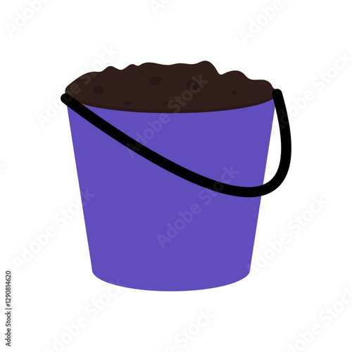 Colorful bucket filled with dark soil commonly used in gardening or potting activities