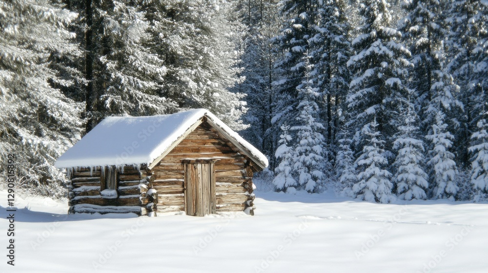 A small, rustic hut standing alone in a pristine snowfield, with snow-covered evergreens creating a magical backdrop. A small, rustic hut standing alone in a pristine snowfield, with snow-covered evergreens creating a magical backdrop.