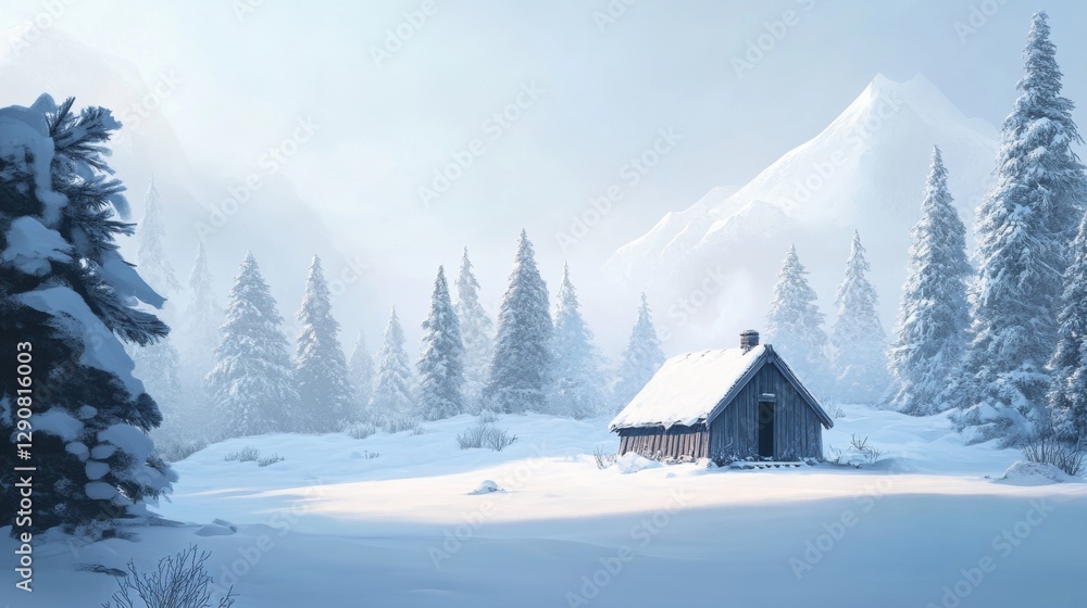 A small, rustic hut standing alone in a pristine snowfield, with snow-covered evergreens creating a magical backdrop. A small, rustic hut standing alone in a pristine snowfield, with snow-covered evergreens creating a magical backdrop.
