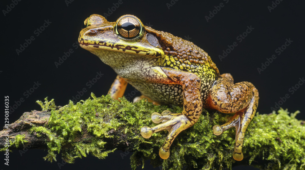 Obraz premium Vibrant rainforest frog perched on mossy branch, showcasing its colorful skin and unique features. This captivating amphibian is symbol of biodiversity and natural beauty