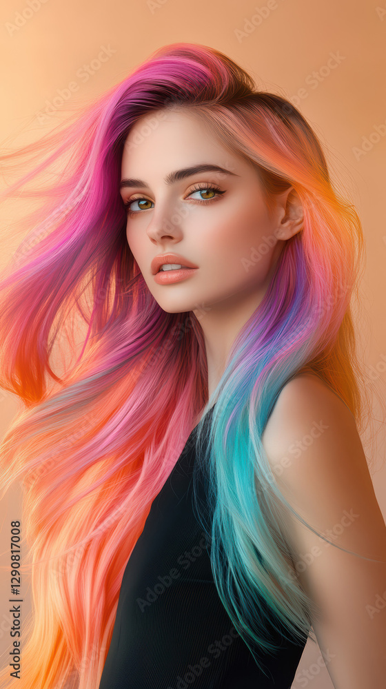 An elegant woman with flowing, colorful hair captivates with vibrant shades. Her neon pink, electric blue, and fiery orange locks create a striking and artistic visual display. An elegant woman with flowing, colorful hair captivates with vibrant shades. Her neon pink, electric blue, and fiery orange locks create a striking and artistic visual display.