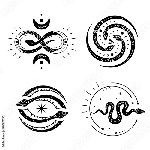 Mystical snakes set, mystical snake silhouette, esoteric vector design sacred serpent.