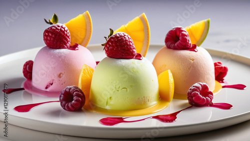 Fruity Sorbet Ice Cream with Raspberry and Citrus Flavors – A Vibrant 4K Dessert Photography Capturing the Freshness of Frozen Fruit Delight