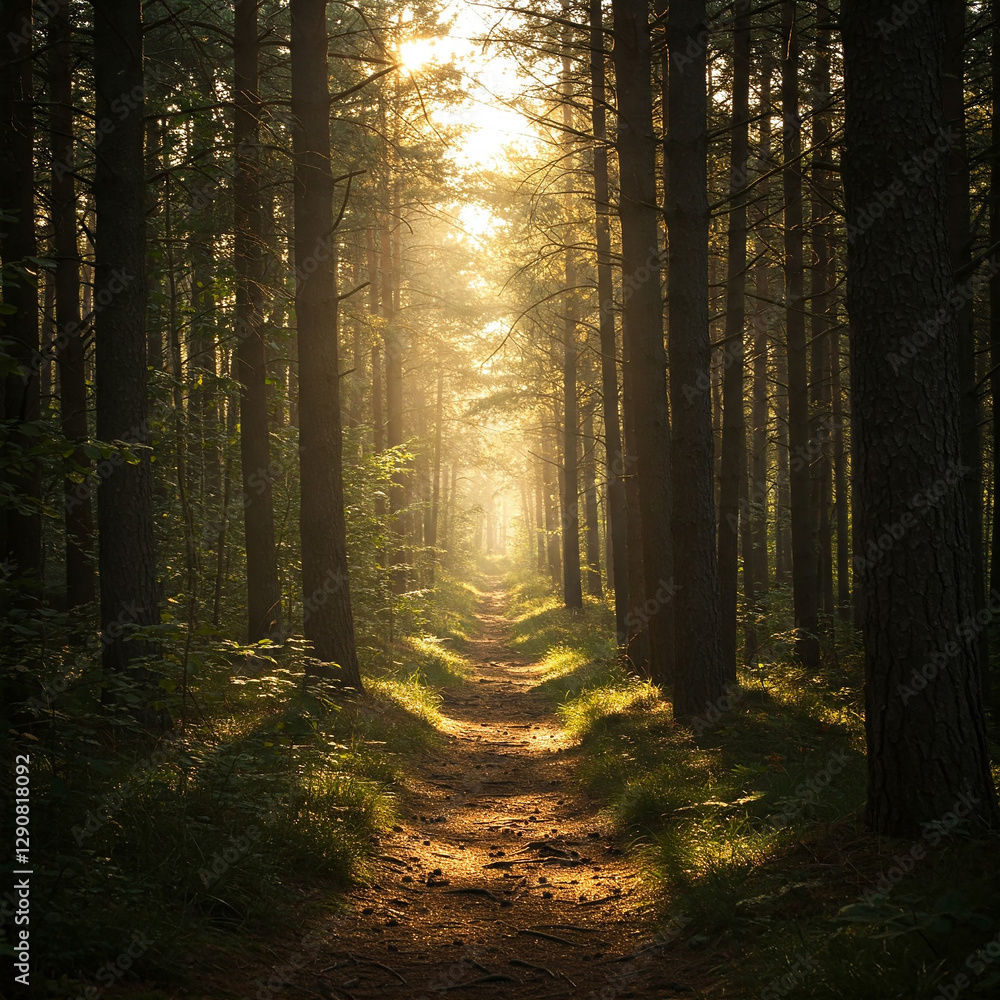 Obraz premium footpath in the forest. Path Through Majestic Pine Woodland. Towering Evergreens and the Scent of Pine Needles in a Serene Backdrop.