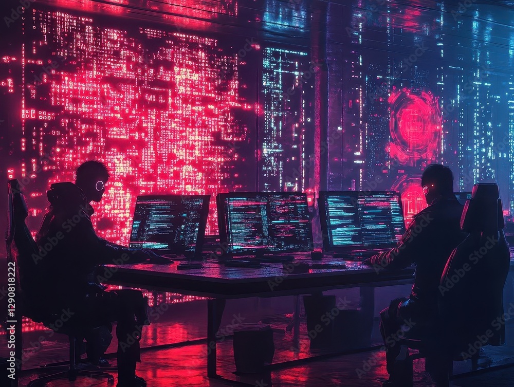 A coding team collaborating in a neon-lit room, surrounded by holographic code and digital networks, Cyberpunk, Illustration, High contrast A coding team collaborating in a neon-lit room, surrounded by holographic code and digital networks, Cyberpunk, Illustration, High contrast