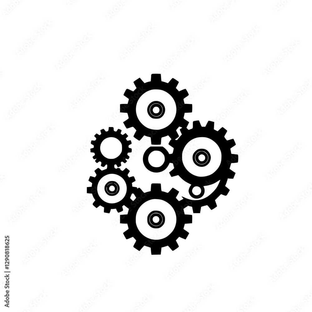 The Black Cogwheel Composition: Interlocking, isolated gears. Minimalist, flat design, illustration. White background. Gearwheel patterns. The Black Cogwheel Composition: Interlocking, isolated gears. Minimalist, flat design, illustration. White background. Gearwheel patterns.