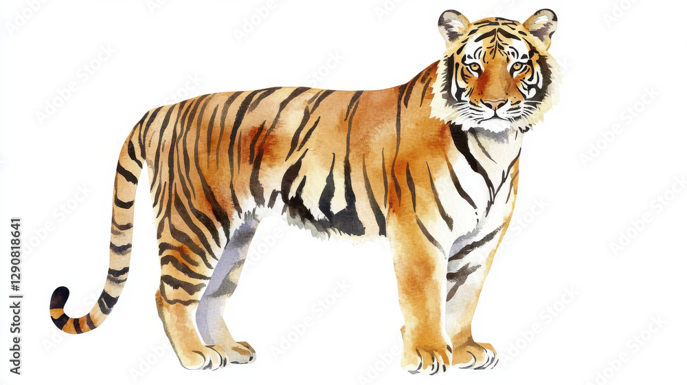 Obraz premium majestic watercolor tiger stands proudly, showcasing its vibrant orange and black stripes against clean white background. This artwork captures essence of strength and beauty