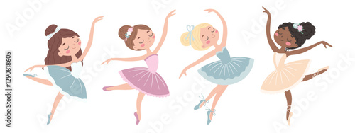 Collection of cute little ballerinas in different poses. Cute illustration in children's style. Vector illustration.