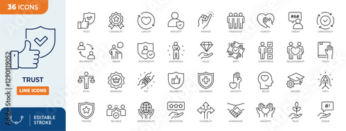 Trust line editable icon set. Containing trustworthy, confidence, credibility, promise, friends, truth, faith, honesty, and more. Vector illustration