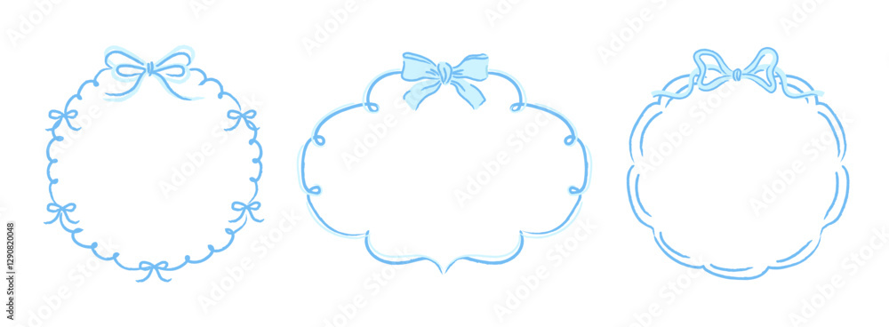 Set of Hand Drawn blue Frames with Bows and Ribbons in doodle style. Trendy Coquette Borders for wedding invitations, birthday cards, Valentine cards, prints. Vector illustration Template Set of Hand Drawn blue Frames with Bows and Ribbons in doodle style. Trendy Coquette Borders for wedding invitations, birthday cards, Valentine cards, prints. Vector illustration Template