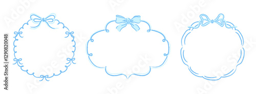 Set of Hand Drawn blue Frames with Bows and Ribbons in doodle style. Trendy Coquette Borders for wedding invitations, birthday cards, Valentine cards, prints. Vector illustration Template