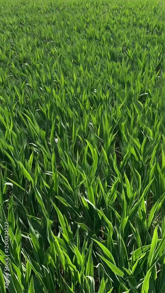 Lush green cornfield sways gently in the breeze during a sunny day on the farm in summer Lush green cornfield sways gently in the breeze during a sunny day on the farm in summer