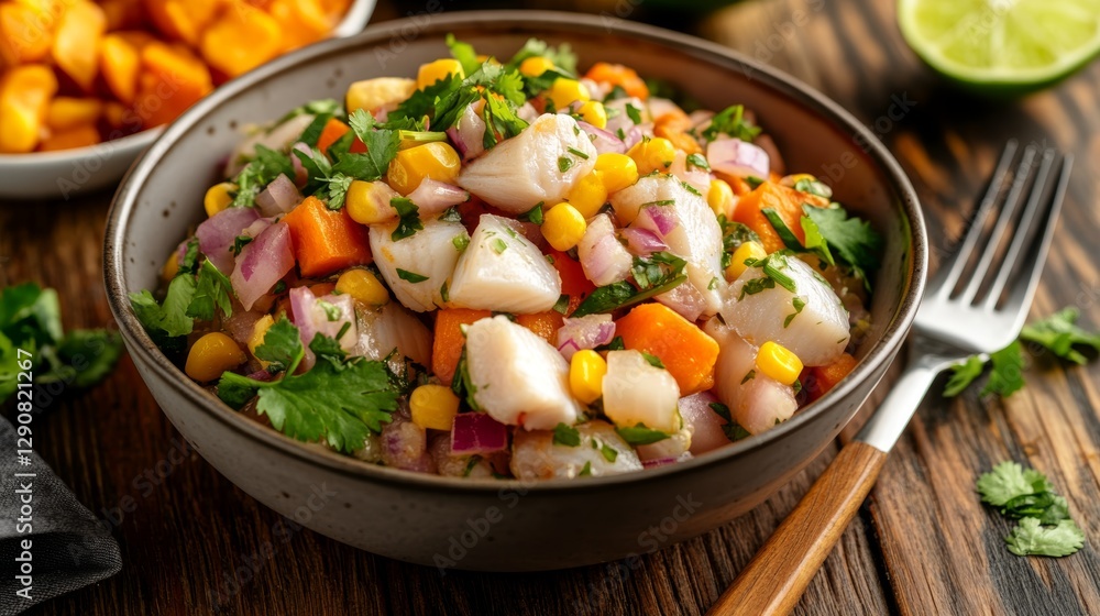 Enjoying vibrant Peruvian ceviche with fresh fish, lime juice, and colorful vegetables served alongside sweet potato and corn Enjoying vibrant Peruvian ceviche with fresh fish, lime juice, and colorful vegetables served alongside sweet potato and corn