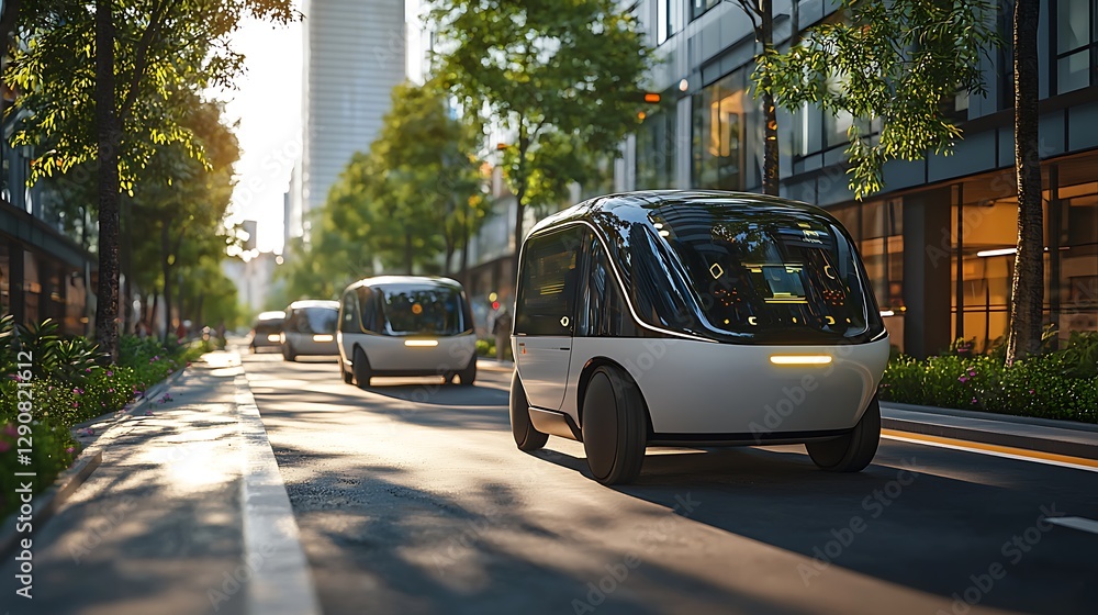 Fototapeta premium Autonomous Vehicles Driving on City Street at Sunrise.