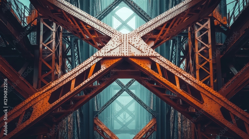 Fototapeta premium Massive steel framework of a modern bridge under construction, showcasing civil engineering