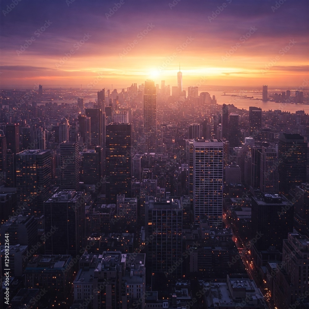 Fototapeta premium Stunning Downtown Skyline at Sunset with Golden Horizon Over a Bustling City, Perfect for Urban Landscape and Travel Projects