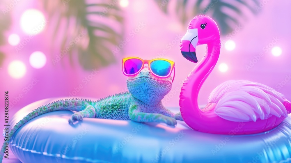 Fototapeta premium Colorful lizard with sunglasses relaxing on inflatable with pink flamingo in tropical setting