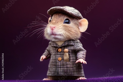 Dapper Cartoon Mouse in Checkered Hat and Vest Standing on Purple Background
