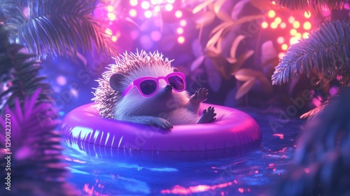 Cute hedgehog in sunglasses relaxing on pink float in neon jungle night scene photo