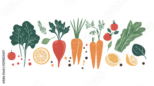 A digital illustration showcasing a horizontal arrangement of various vegetables and fruits against a white background.  The style is flat and illustrative with slightly textured surfaces and