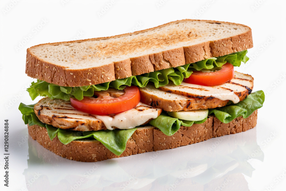 Whole wheat sandwich isolated on white with juicy grilled chicken and colorful fresh veggies for a clean look Whole wheat sandwich isolated on white with juicy grilled chicken and colorful fresh veggies for a clean look