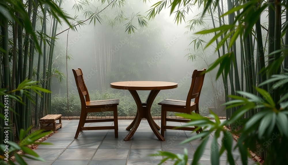 Wooden table and chairs on a terrace with a misty bamboo forest backdrop. Ideal for calm and minimalist interior design concepts. Wooden table and chairs on a terrace with a misty bamboo forest backdrop. Ideal for calm and minimalist interior design concepts.