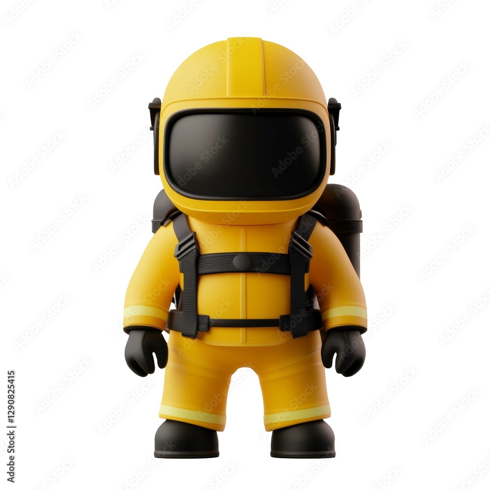 Yellow firefighter suit with helmet and oxygen backpack on a cartoon figure