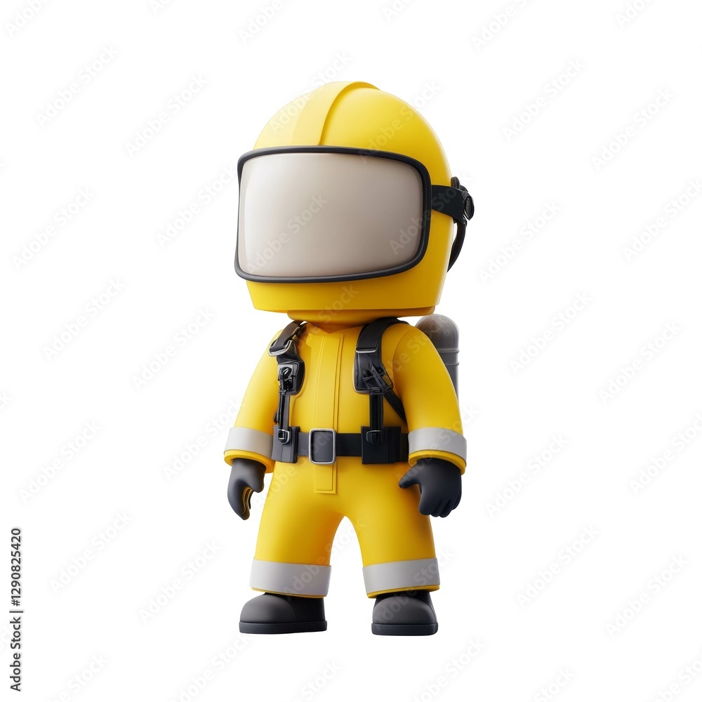 Cute cartoon character dressed in yellow hazard suit with large visor and black gloves Cute cartoon character dressed in yellow hazard suit with large visor and black gloves