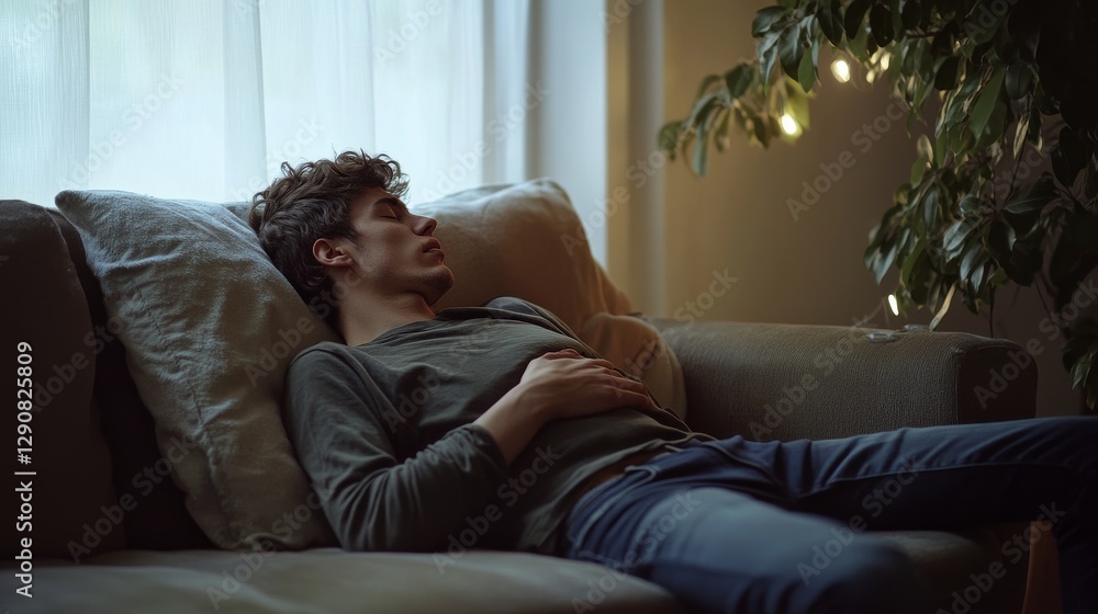 Stomach pain felt by a young man lying on a couch, holding his stomach. Featuring discomfort and recovery Stomach pain felt by a young man lying on a couch, holding his stomach. Featuring discomfort and recovery