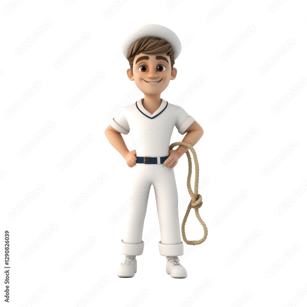 Cartoon sailor character in uniform with cap holding a nautical rope in one hand smiling Cartoon sailor character in uniform with cap holding a nautical rope in one hand smiling