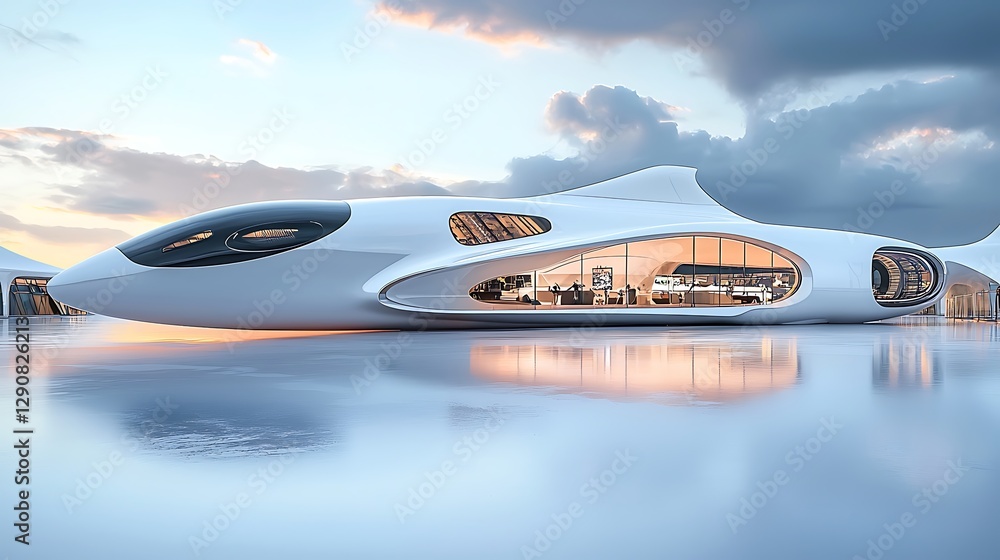 Futuristic Architectural Design Modern Building with Panoramic Windows. Futuristic Architectural Design Modern Building with Panoramic Windows.
