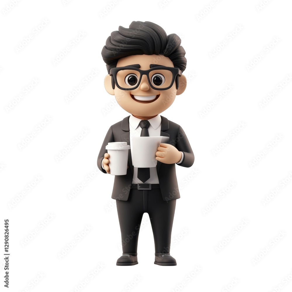 Animated character with glasses holding two coffee cups in formal attire Animated character with glasses holding two coffee cups in formal attire