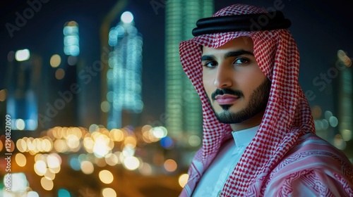 Wallpaper Mural Handsome arab middle-eastern saudi arabian man with traditional saudi clothing in studio - Arabic muslim adult male businessman wearing thwab portrait on night big city background Torontodigital.ca