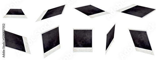 Fotografie A set of Polaroid photographs from the back at different angles: as if standing/lying on a table, held in hands or falling on an isolated transparent background