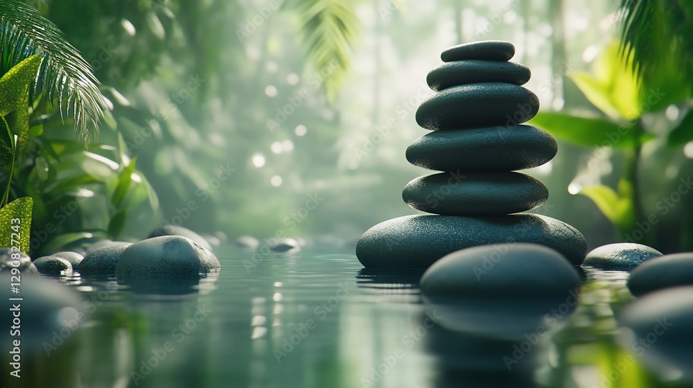 Stacked stones in tranquil jungle stream. Stacked stones in tranquil jungle stream.