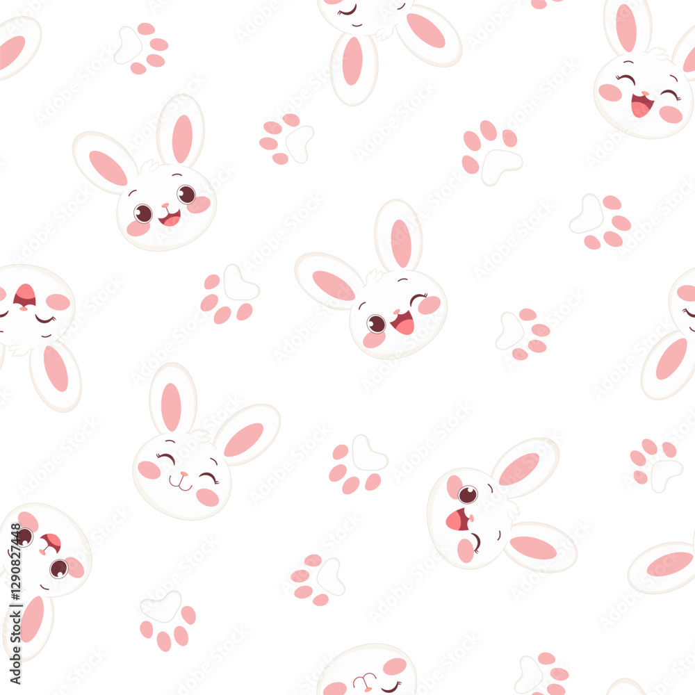 Fototapeta premium Seamless Pattern with Cartoon Bunny and Paws on White Background, Vector Illustration