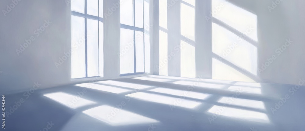 Obraz premium Sunlight casting shadows on a modern empty room with large windows, bright interior design, minimalist decor, space for creativity and inspiration.