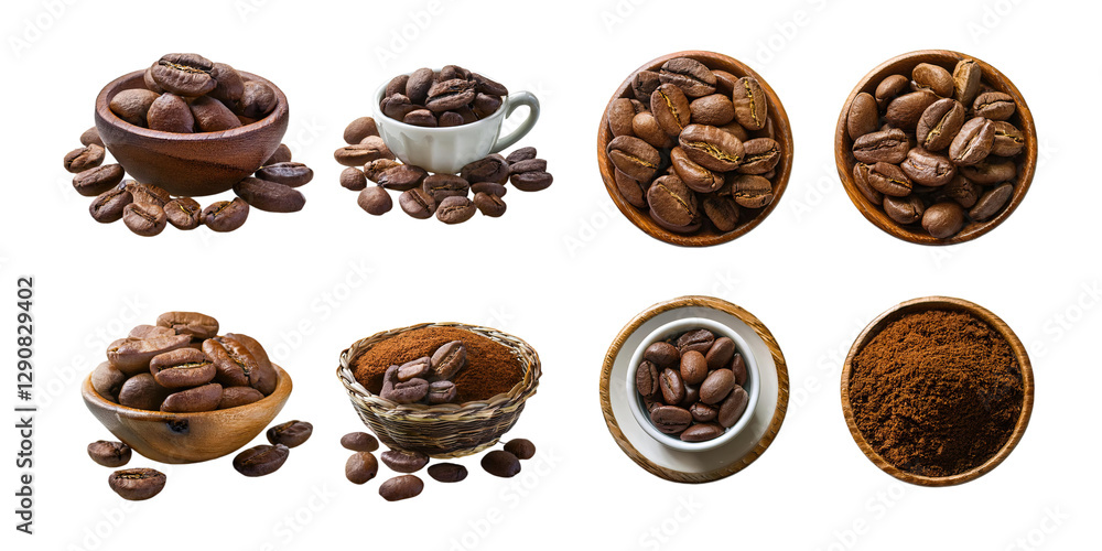 Assorted Coffee Beans and Grounds in Various Bowls, PNG collection, set bundle, isolate on transparent or white background Assorted Coffee Beans and Grounds in Various Bowls, PNG collection, set bundle, isolate on transparent or white background