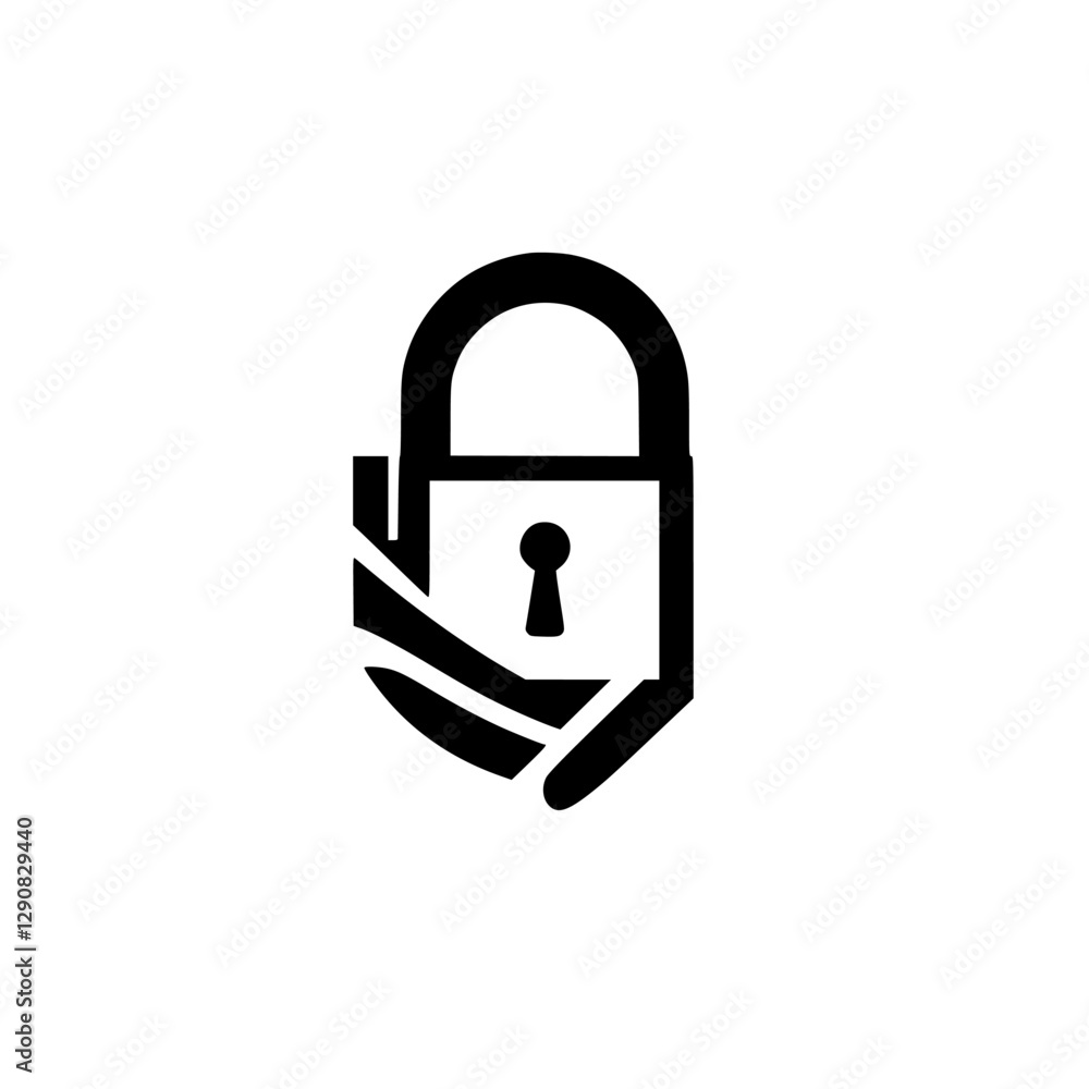 Black and white minimalistic padlock logo, keyhole on a shield shaped background. Black and white minimalistic padlock logo, keyhole on a shield shaped background.