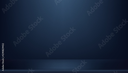Blue Background,Studio Room with Spotlights,Shadow on Floor for Product Display,Back wall gradient navy blue with neon light on podium for product backdrop,3d Abstract Dark Blue Background