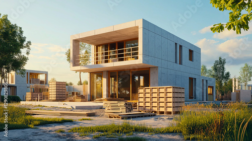 A modern eco-friendly home under construction with AAC blocks, neatly stacked at the site.