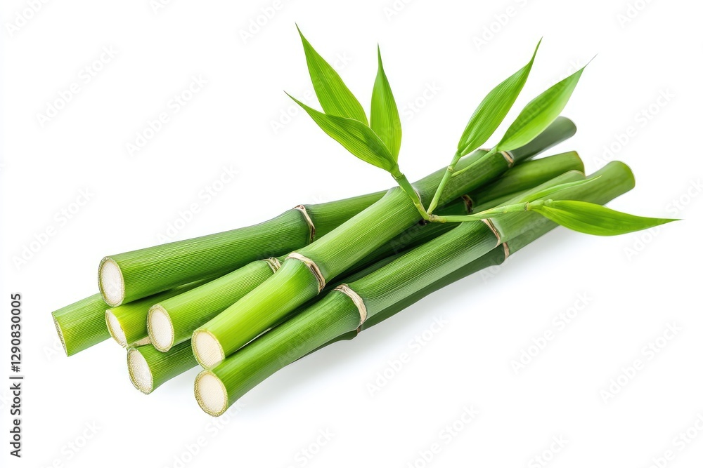 Fototapeta premium A bundle of bamboo stalks with bright green leaves, isolated