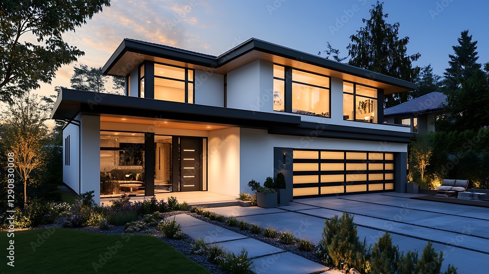Fototapeta premium Modern Home Exterior at Dusk with Landscaping and Warm Interior Lights