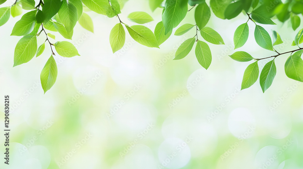 Elegant spring background with delicate white flowers, green foliage, and soft golden bokeh, evoking a fresh and romantic atmosphere for seasonal designs, weddings, beauty themes, and nature-inspired 