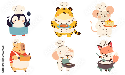 A set of flat vector illustrations in a simple children's style. Cute animals cook cooking food. Elephant tiger tiger penguin penguin mouse fox and capybara in chef costume. Vector illustration