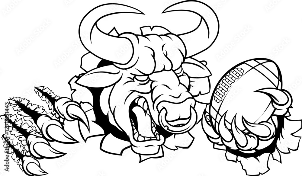 Fototapeta premium A bull or Minotaur monster longhorn cow angry mean American football mascot cartoon character.