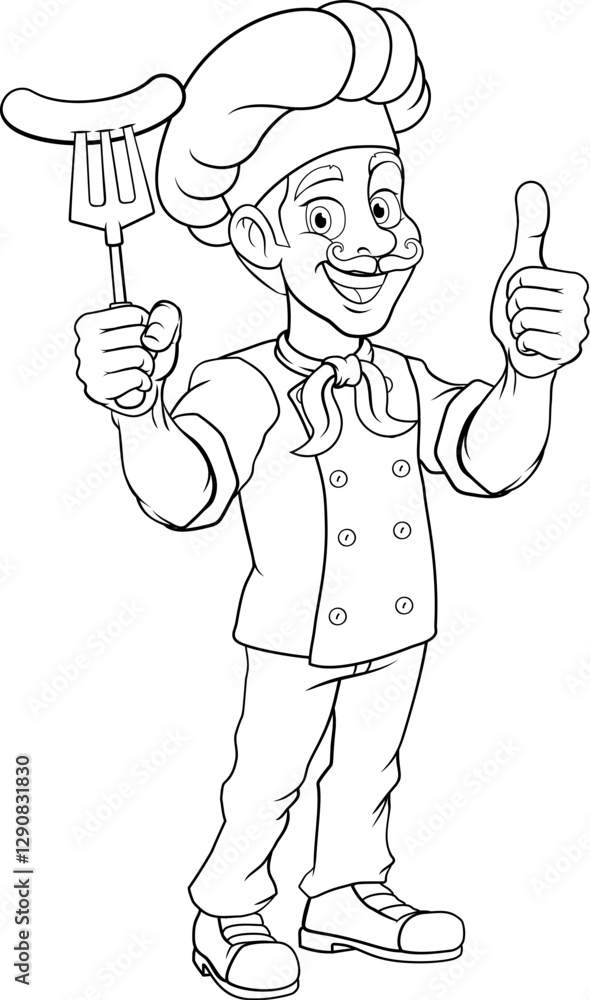 A chef cartoon barbecue cook man giving thumbs up and holding a hotdog or grilled sausage on a BBQ or cooking fork mascot character illustration A chef cartoon barbecue cook man giving thumbs up and holding a hotdog or grilled sausage on a BBQ or cooking fork mascot character illustration