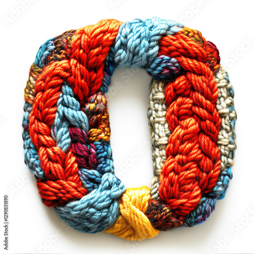 Knitted Number 0, Letter O  in Colorful Blue and Red Yarn on White Background photo