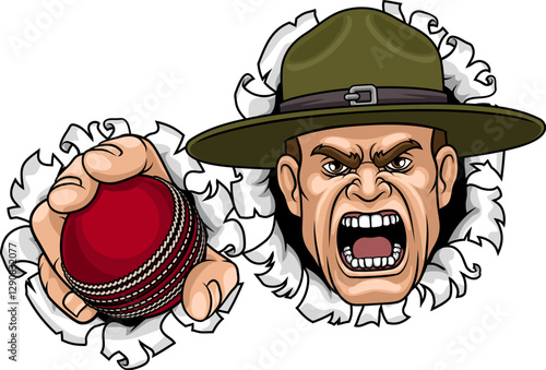 An angry drill instructor or sergeant bootcamp army soldier cartoon character holding cricket ball sports team mascot illustration.