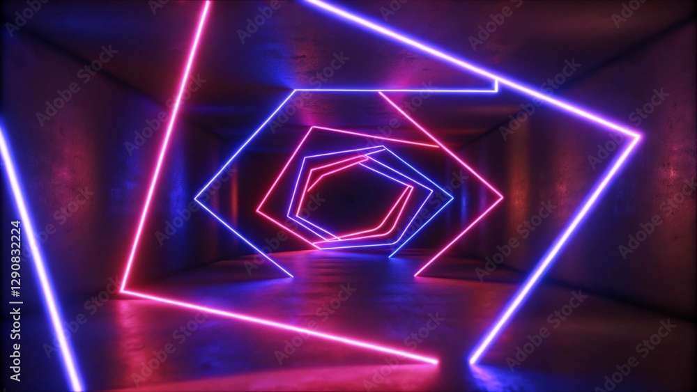 3d Visualization. Geometric figure in neon light against a dark tunnel. Laser glow. Blockchain text and computer connection with colored background 3d Visualization. Geometric figure in neon light against a dark tunnel. Laser glow. Blockchain text and computer connection with colored background
